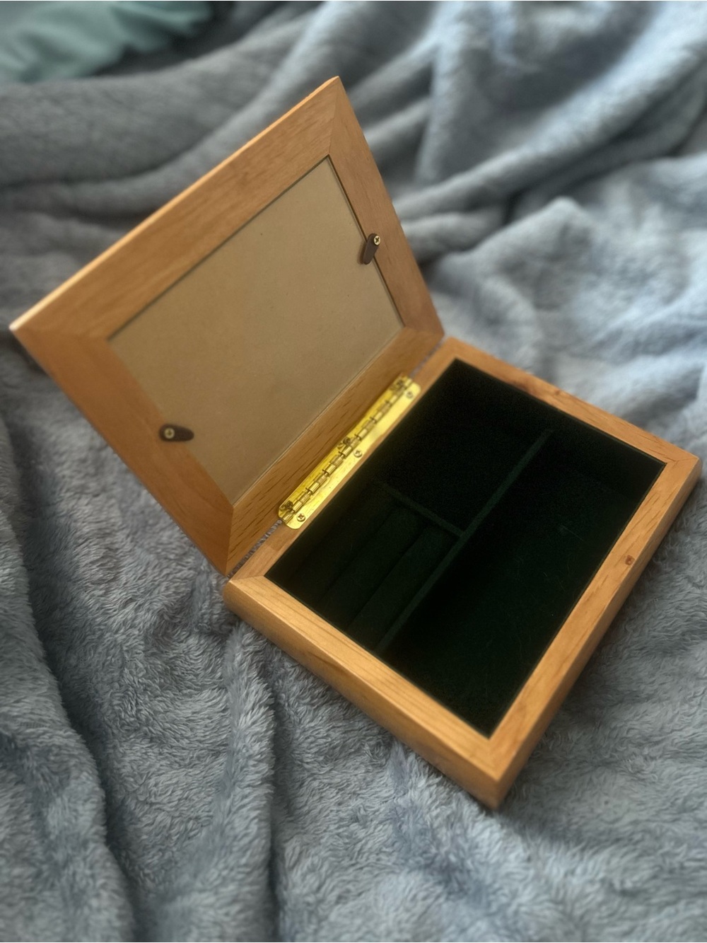Wooden Photo Jewelry Box with Dark Green Velvet Interior